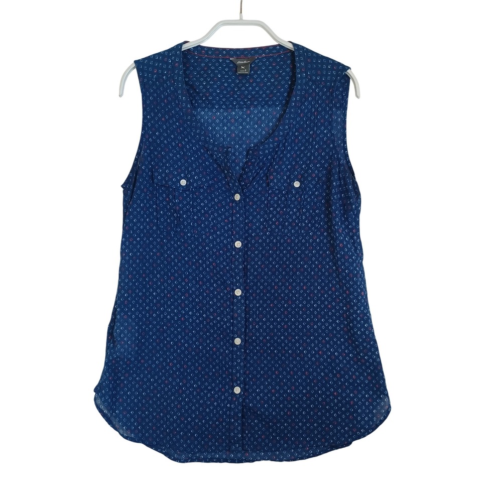 Eddie Bauer Womens Navy Blue Geometric Diamond Print Cotton Sleeveless Shirt S‎
